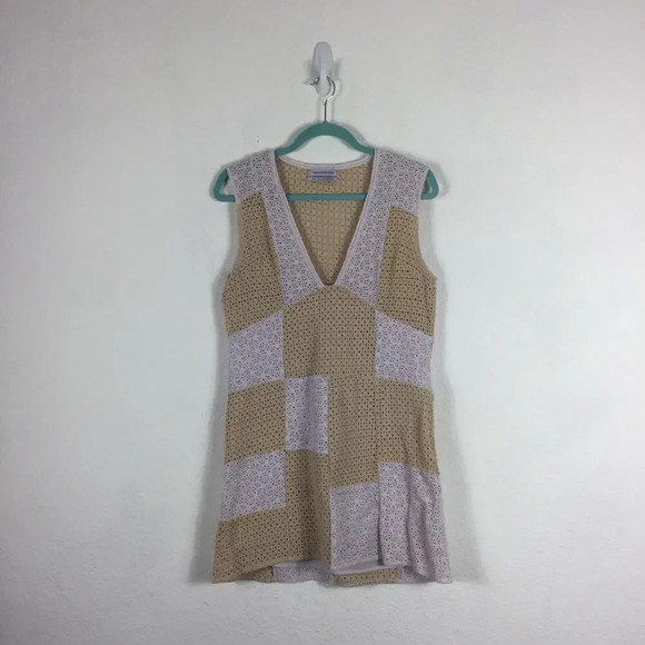 Urban Outfitters Kay Cream Tan Patchwork 70s Eyelet Shift Mini Dress Medium - Picture 3 of 15